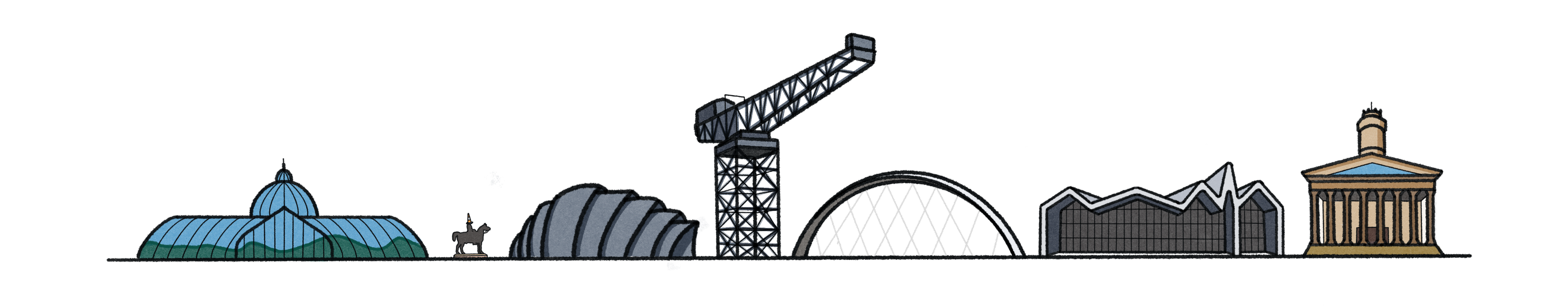 A handdrawn selection of Glasgow buildings in a row, including the Glasgow Botanic Gardens, the Armadillo, the Finnieston Crane, Squinty Bridge, Glasgow Transport Museum and the Gallery of Modern Art (GOMA)